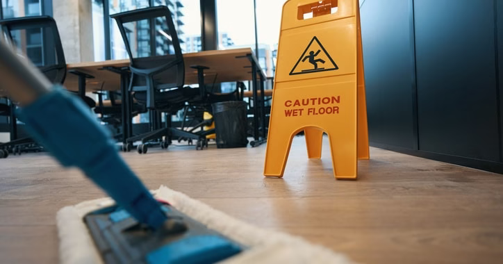 office environment with a mop and a wet floor sign