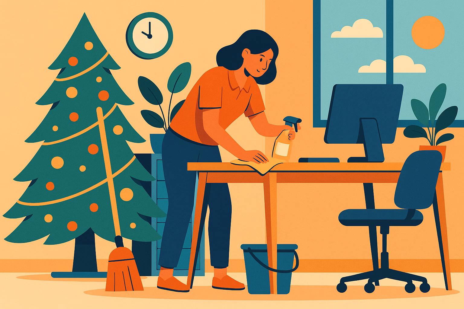 Illustration of a woman cleaning an office desk with a spray bottle beside a decorated Christmas tree